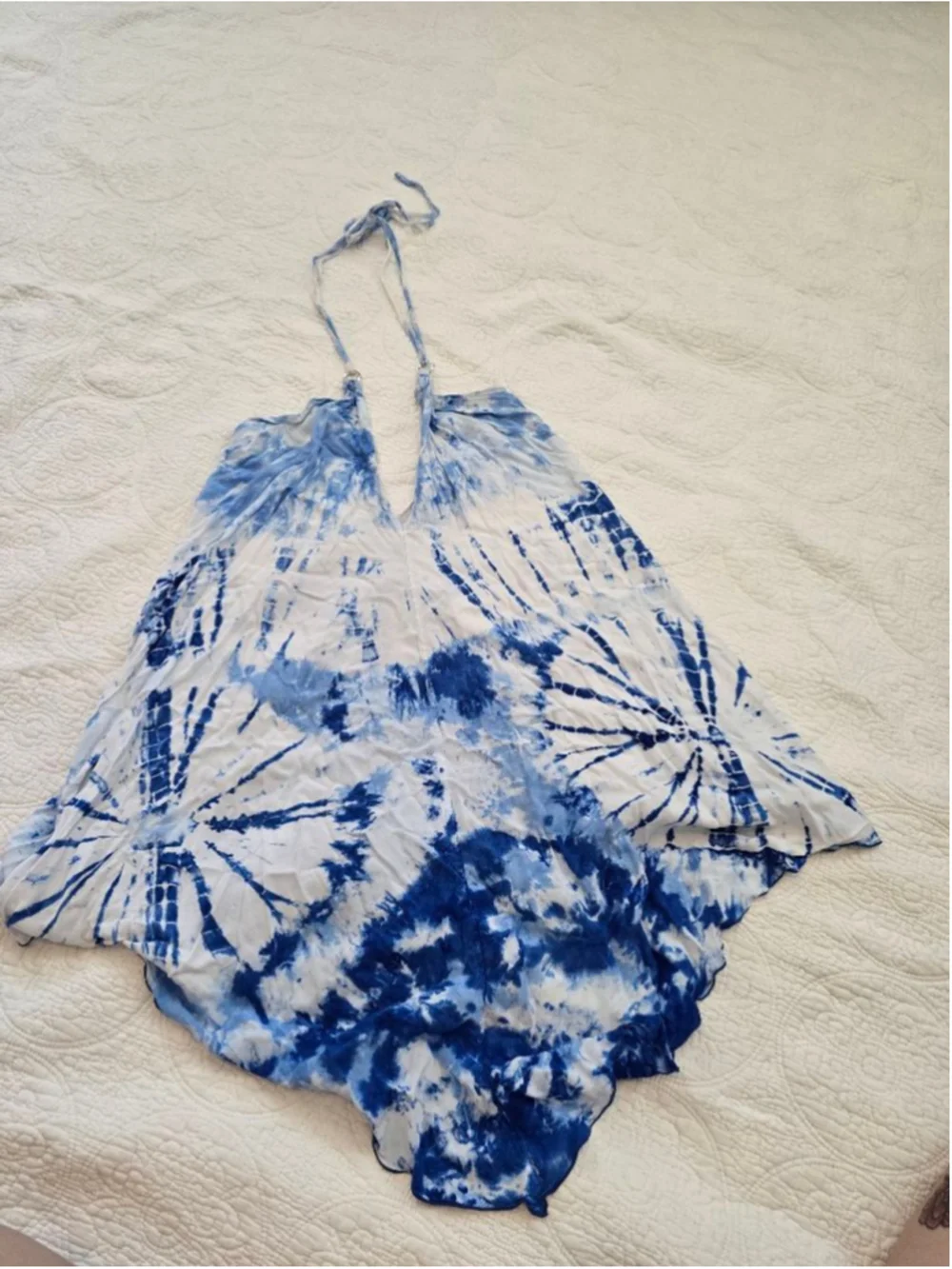 Made In Bali Blue White Tie-Dye Halter Coverup Dress One-size Asymmetrical Hem